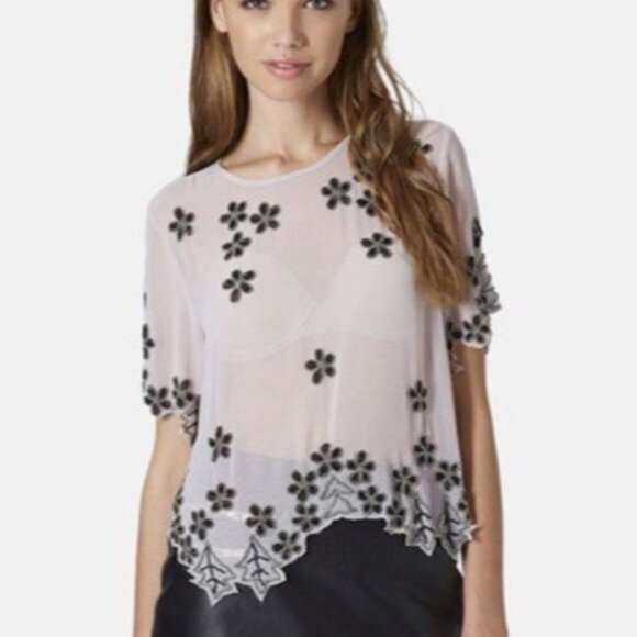 Topshop Tops - TopShop Flower Floral Beaded sheer asymmetrical hem Crop Top